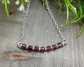 Genuine Rhodolite Garnet Gemstone Faceted Cube Bead Bar Silver Plated Chain 18 inch Necklace | January Birthstone Necklace