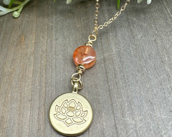 Golden Lotus and Genuine Carnelian Dainty Pendant Charm Necklace | 20 inch Gold Finish Chain and Lobster Claw Clasp