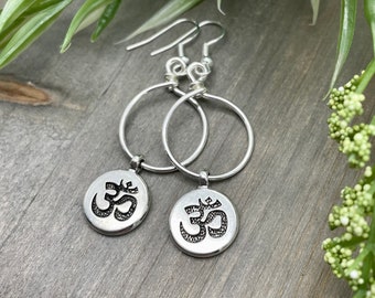 Long Silver Dangle Hoop Om Symbol Earrings | Silver Plate French Hook Earwires | Yoga Earrings | Spiritual Earrings