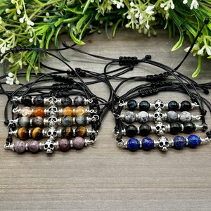 Genuine Stone and Pewter Skull Adjustable Bracelets - sold separately - assorted stones - one size fits most