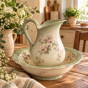 May include: A ceramic wash basin and matching pitcher set featuring a pale green rim and a delicate floral pattern of pink and white blossoms with green leaves. The pitcher has a curved handle and a scalloped spout, while the basin has a wide, scalloped edge.