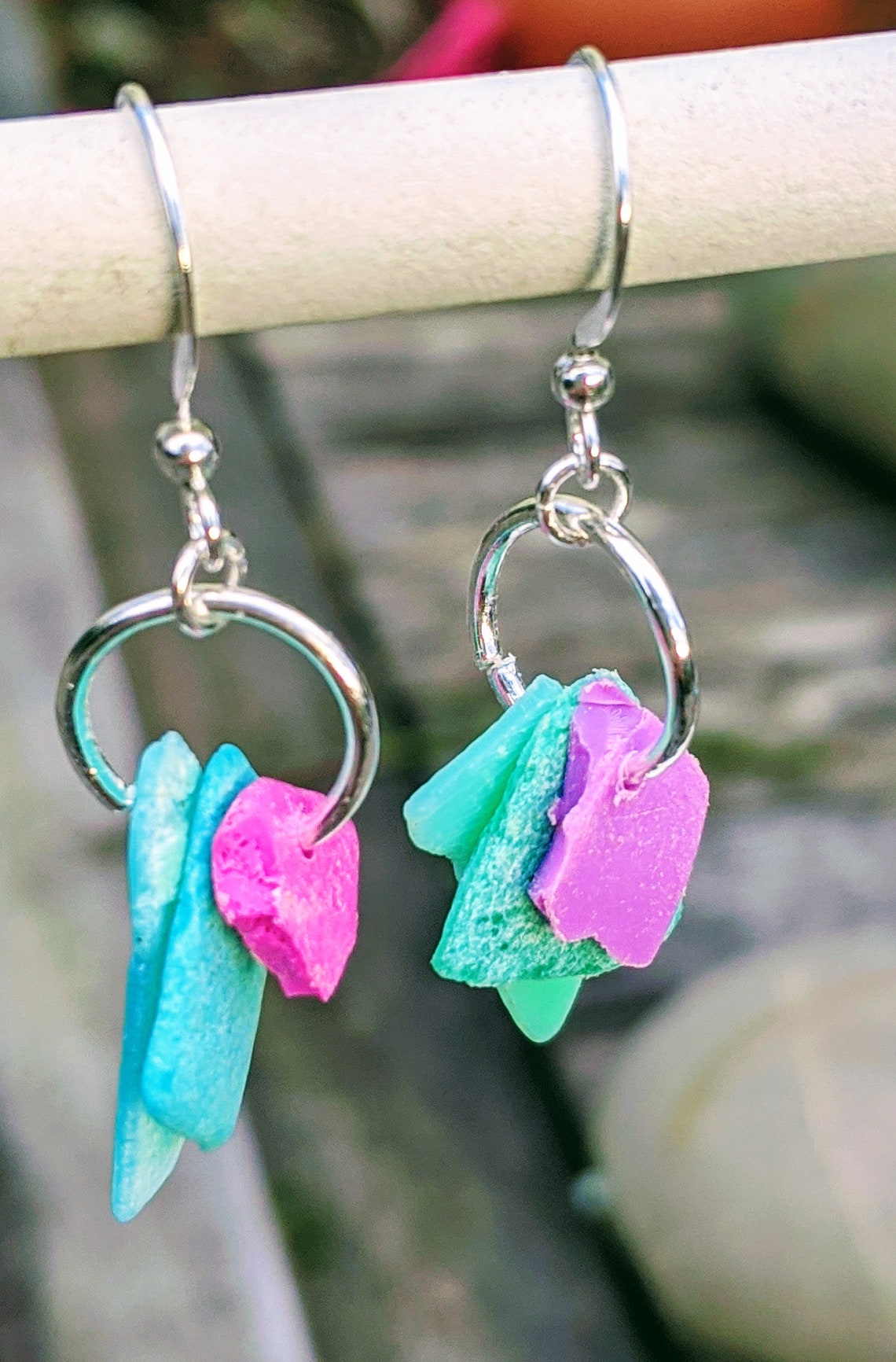 Beach plastic earrings sterling silver recycled green pink Etsy