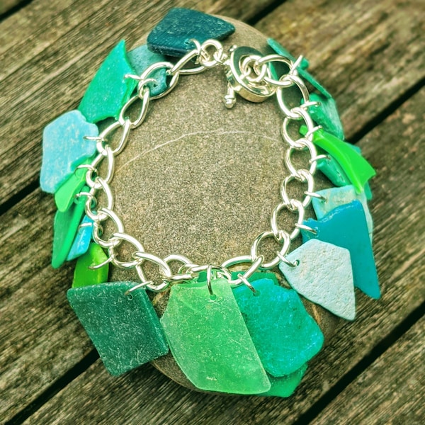 Beach plastic silver charm bracelet jewellery re-cycled turquoise and greens
