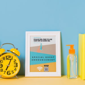 May include: A white framed sign with the text "PLEASE FEEL FREE TO USE OUR WIFI & HAND GEL" and a QR code. The sign is on a yellow surface with a yellow alarm clock, a yellow cylinder, a clear bottle of hand sanitiser with an orange pump, and three yellow books.