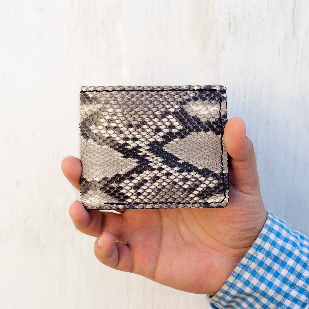 Women's compact wallet in python, hand-painted silver