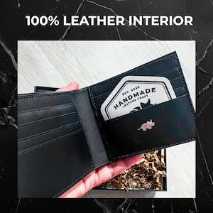 The image shows a graphic for a wallet with "100% Leather Interior" at the top. A hand holds an open black leather wallet with a label reading "EST. 2020 Handmade Leather Craft" and a small silver dinoleather logo.