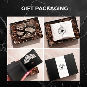 It shows gift packaging for a wallet with four sections a python skin wallet in a box with shredded paper, a white wrapped package with a Handmade Leather Craft label, an open black leather wallet with a label, and a closed black box with a label.