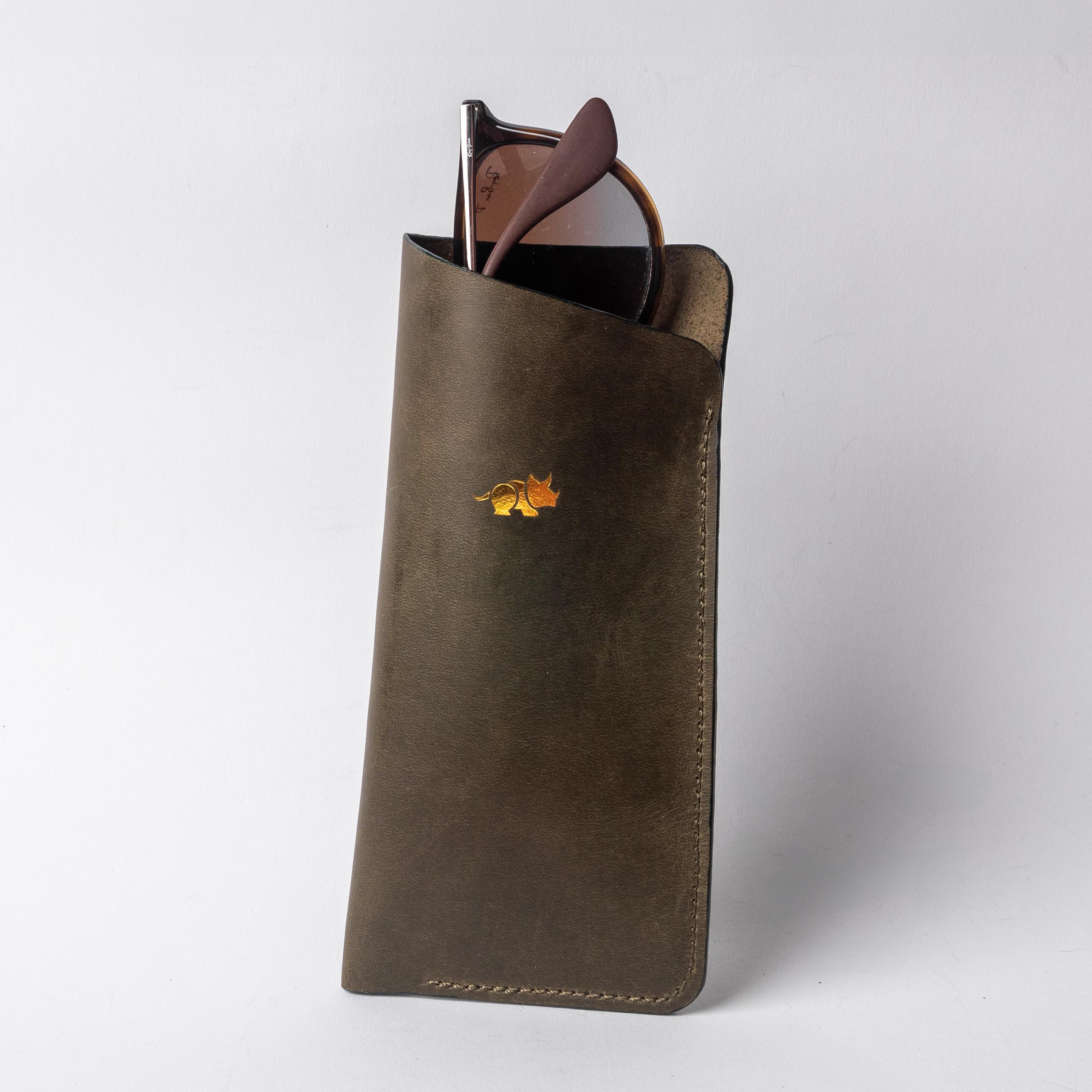 Leather Eyeglasses Sleeve - Olive, Eyewear Protection Case.