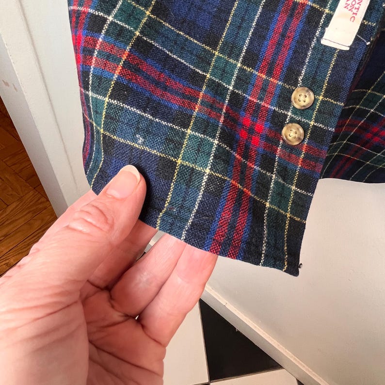 May include: Detail of a plaid jacket in navy blue, red, green, and yellow. Two tan buttons are visible on the fabric. The jacket's edge is held by a hand. The pattern is a classic tartan design.