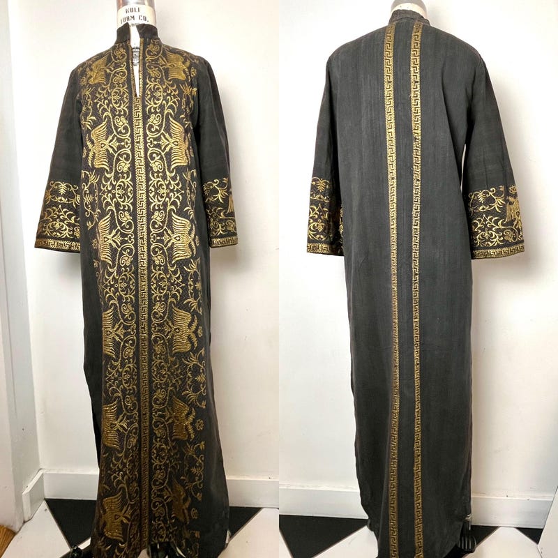 1970s Black Caftan w Silver Thread Embroidered Trim & Edging main image 0