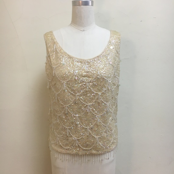 Sz. L 1960s Ivory Bead and Sequin Fringe Sweater