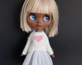 Luxurious hand knitted white angora sweater with heart and standard short sleeve for Blythe