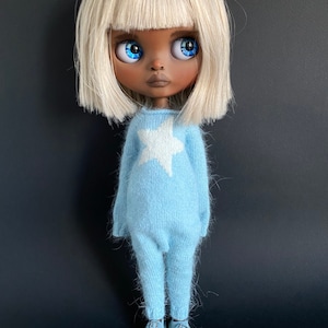 Hand-Knitted Angora Silk Romper for Blythe Doll – Soft Blue with White Star, Luxury Doll Clothes,  Onesie pajamas overall