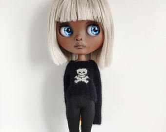 Angora Blythe Doll Sweater, Knitted Skull Embroidery, creepy goth clothes
