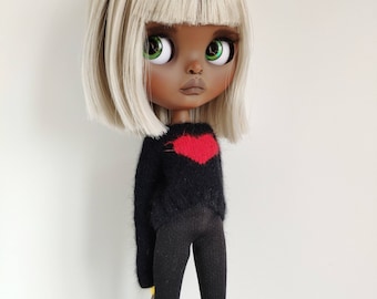 Knitted black angora wool sweater with embroidered red heart for Blythe
