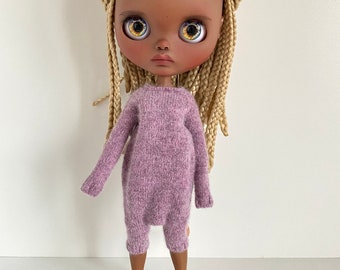 Hand knitted lilac angora romper for Blythe  jumpsuit pajamas