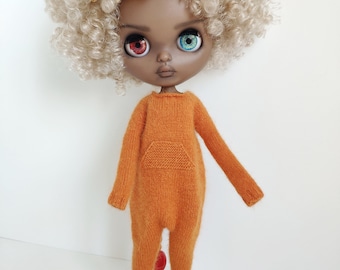 Hand knitted pumpkin orange angora wool jumpsuit for Blythe Kigurumi romper