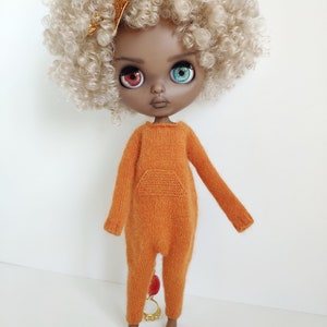 Hand knitted pumpkin orange angora wool jumpsuit for Blythe Kigurumi romper image 1