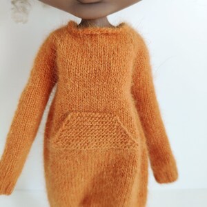 Hand knitted pumpkin orange angora wool jumpsuit for Blythe Kigurumi romper image 6