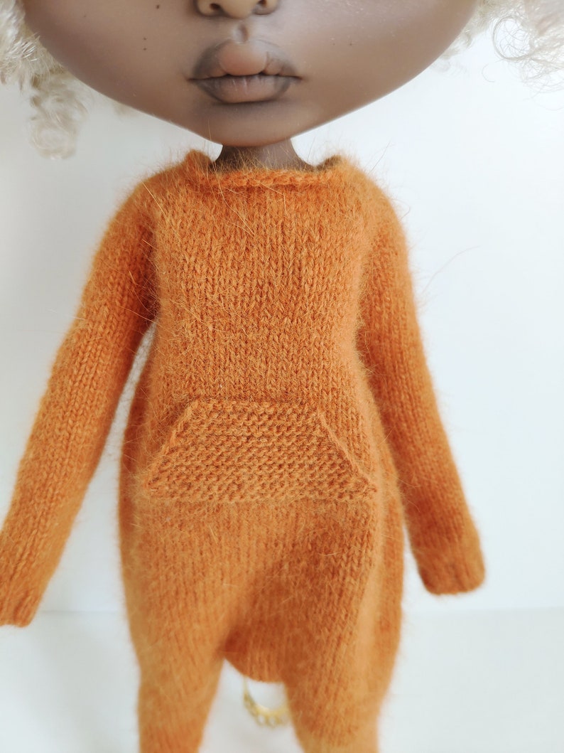 Hand knitted pumpkin orange angora wool jumpsuit for Blythe Kigurumi romper image 6