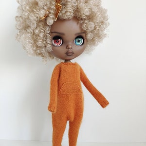 Hand knitted pumpkin orange angora wool jumpsuit for Blythe Kigurumi romper image 3
