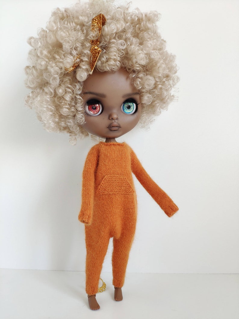 Hand knitted pumpkin orange angora wool jumpsuit for Blythe Kigurumi romper image 3