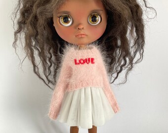 Knitted fluffy powder pink  angora sweater with embroidered love for Blythe  pullover jersey