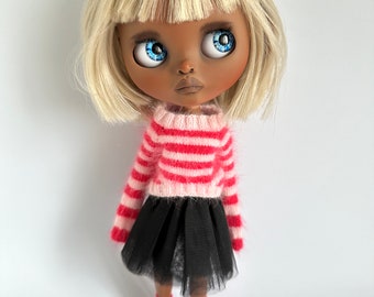Knitted fuzzy striped light pink neon coral  angora sweater for Blythe Pullover jersey jumper