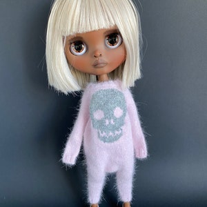 Knitted light pink angora romper with grey skull for Blythe  jumpsuit pajamas Creepy cute clothes for Blythe