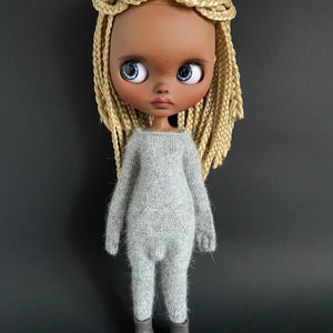 Ash gray knitted angora romper jumpsuit for Neo Blythe  fluffy kigurumi with kangaroo pocket Overall