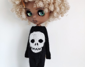 Hand-Knitted Angora Blythe Doll Jumpsuit: Black Skull Pajamas