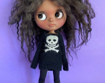 Hand Knitted Angora Blythe Doll Dress: Black Skull Tunic