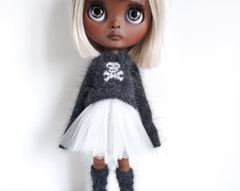 Hand knitted set of dark grey angora skull sweater with leg warmers for Blythe Creepy cute goth clothes