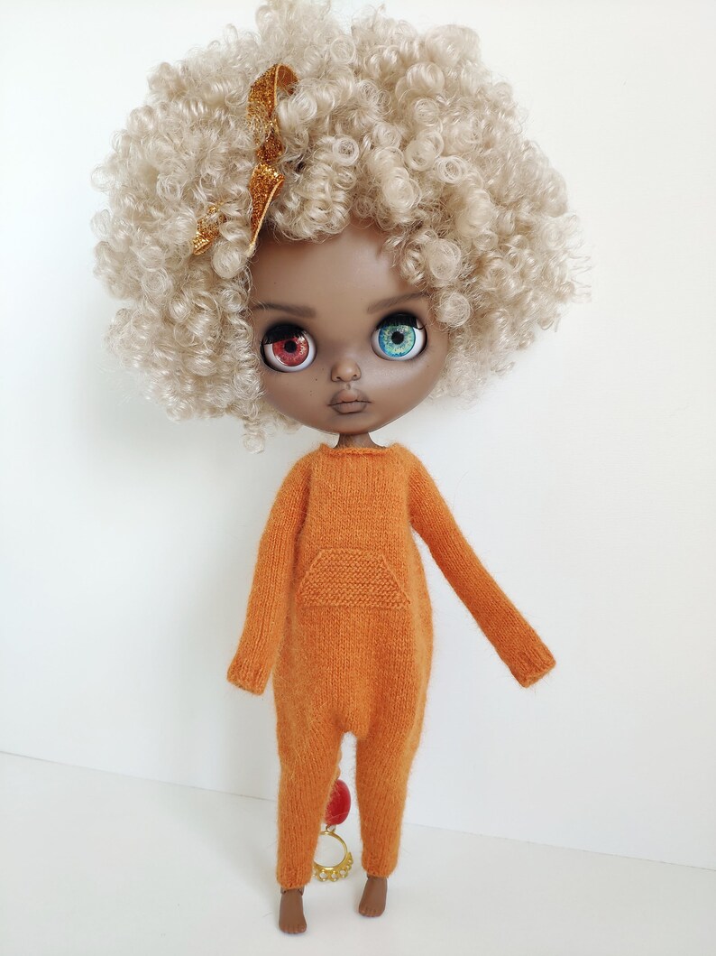 Hand knitted pumpkin orange angora wool jumpsuit for Blythe Kigurumi romper image 1