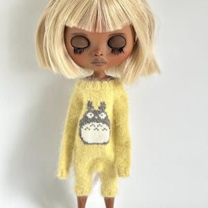 Kawaii knitted dusty yellow angora jumpsuit  Pajamas onesie Totoro overall for Blythe