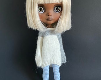 Hand knitted fluffy white grey angora dress for Blythe Pullover tunic