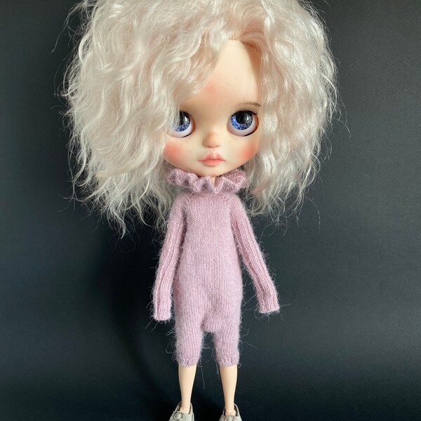 OBITSU22 Knitted peony pink alpaca wool clown jumpsuit for Blythe  Pajamas one piece overall