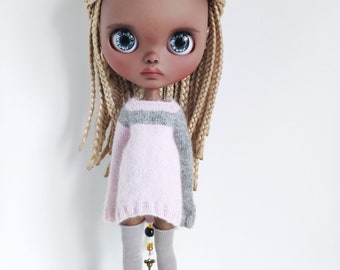 Knitted pink and grey angora casual dress for Blythe  angora tunic