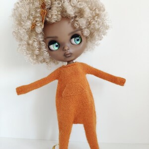 Hand knitted pumpkin orange angora wool jumpsuit for Blythe Kigurumi romper image 4