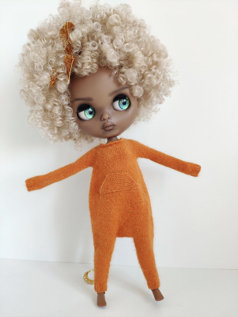 Hand knitted pumpkin orange angora wool jumpsuit for Blythe Kigurumi romper image 4