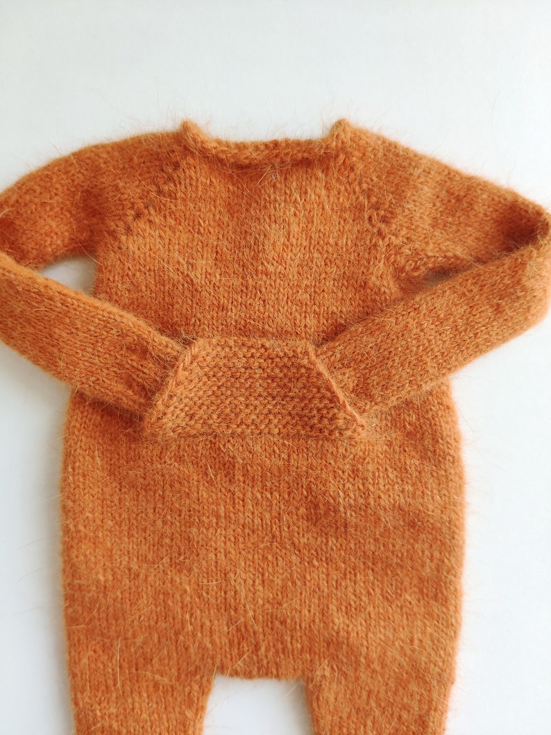 Hand knitted pumpkin orange angora wool jumpsuit for Blythe Kigurumi romper image 9