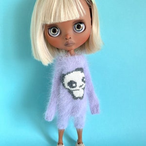 Hand knit lilac angora romper with embroidered panda for Blythe jumpsuit Pajamas onesie
