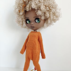 Hand knitted pumpkin orange angora wool jumpsuit for Blythe Kigurumi romper image 5