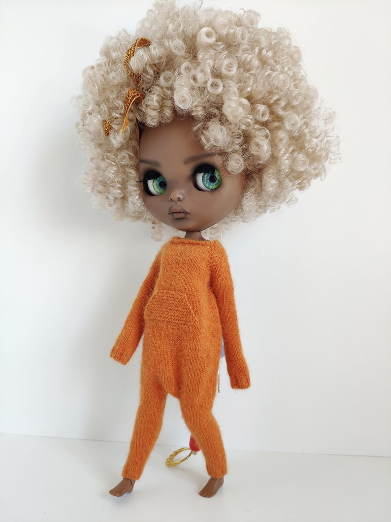 Hand knitted pumpkin orange angora wool jumpsuit for Blythe Kigurumi romper image 5