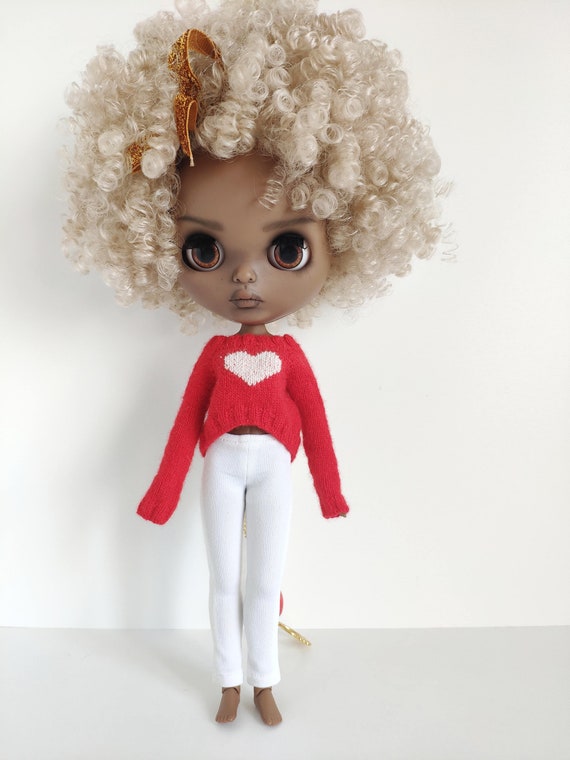 Knitted red angora sweater with heart for Neo Blythe  pullover Longsleeve top
