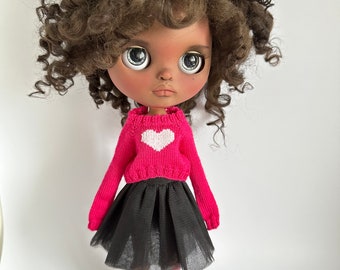 Hot pink fuchsia sweater with white heart and extra long sleeves for Blythe Pullover jumper