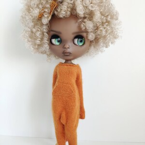 Hand knitted pumpkin orange angora wool jumpsuit for Blythe Kigurumi romper image 2