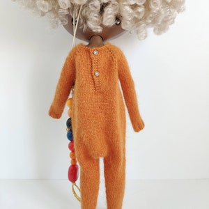 Hand knitted pumpkin orange angora wool jumpsuit for Blythe Kigurumi romper image 7