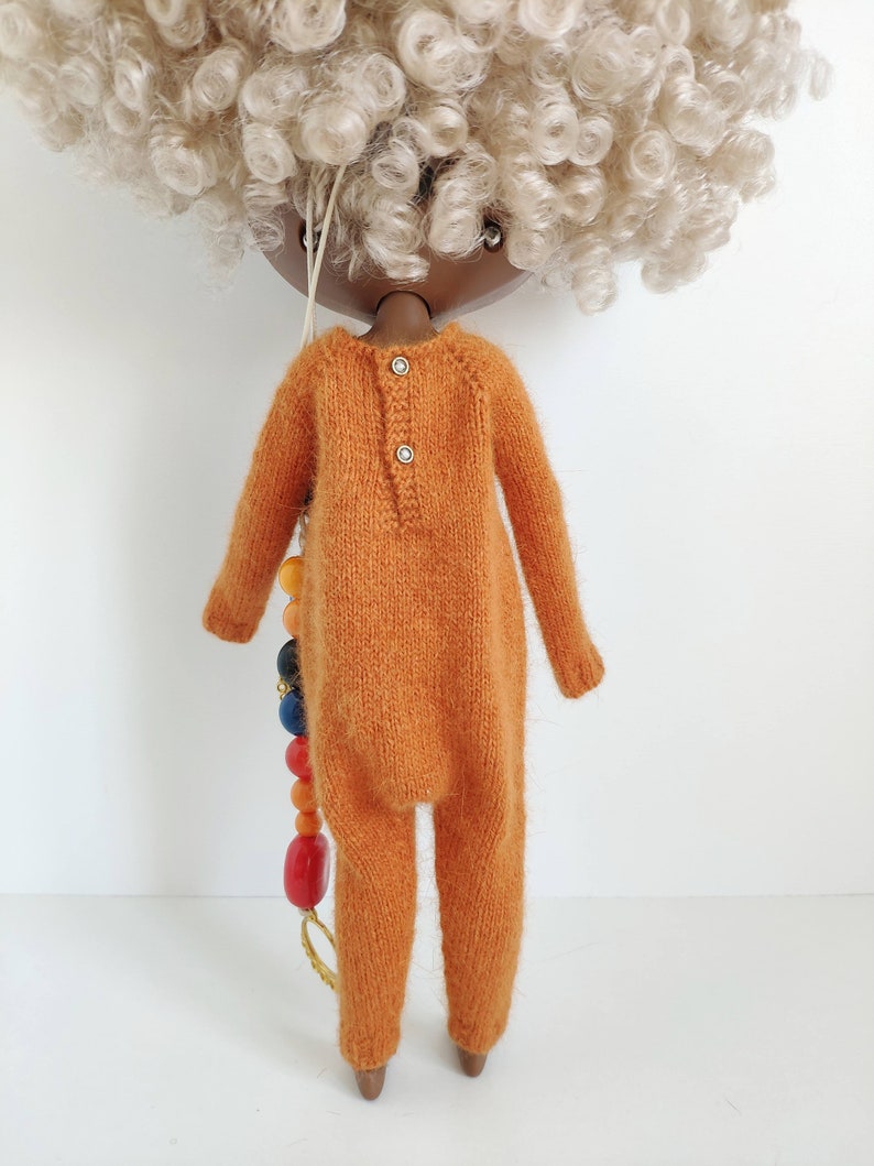 Hand knitted pumpkin orange angora wool jumpsuit for Blythe Kigurumi romper image 7