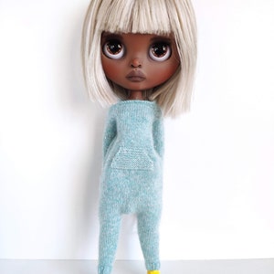 Light grey green angora wool jumpsuit with kangaroo pocket and extra long sleeves for Blythe Overall onesie